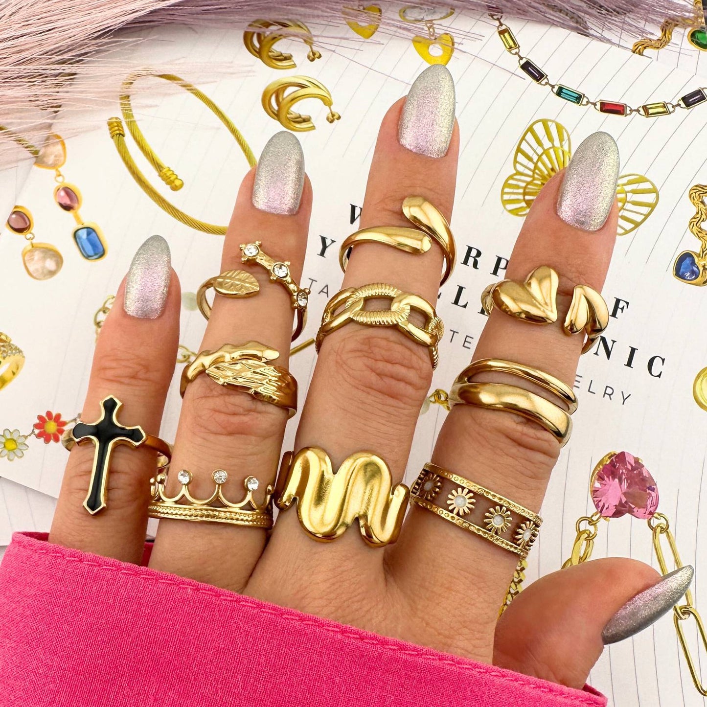 VIRÁGOS RÉT GYŰRŰ, 18K  ARANYOZOTT NEMESACÉL